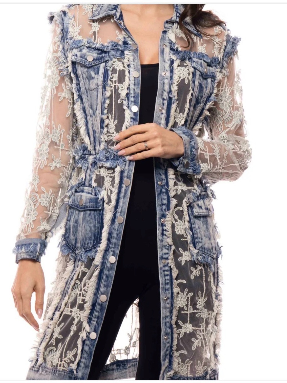 Adore Lace Panel Denim Duster Jacket NWT M
